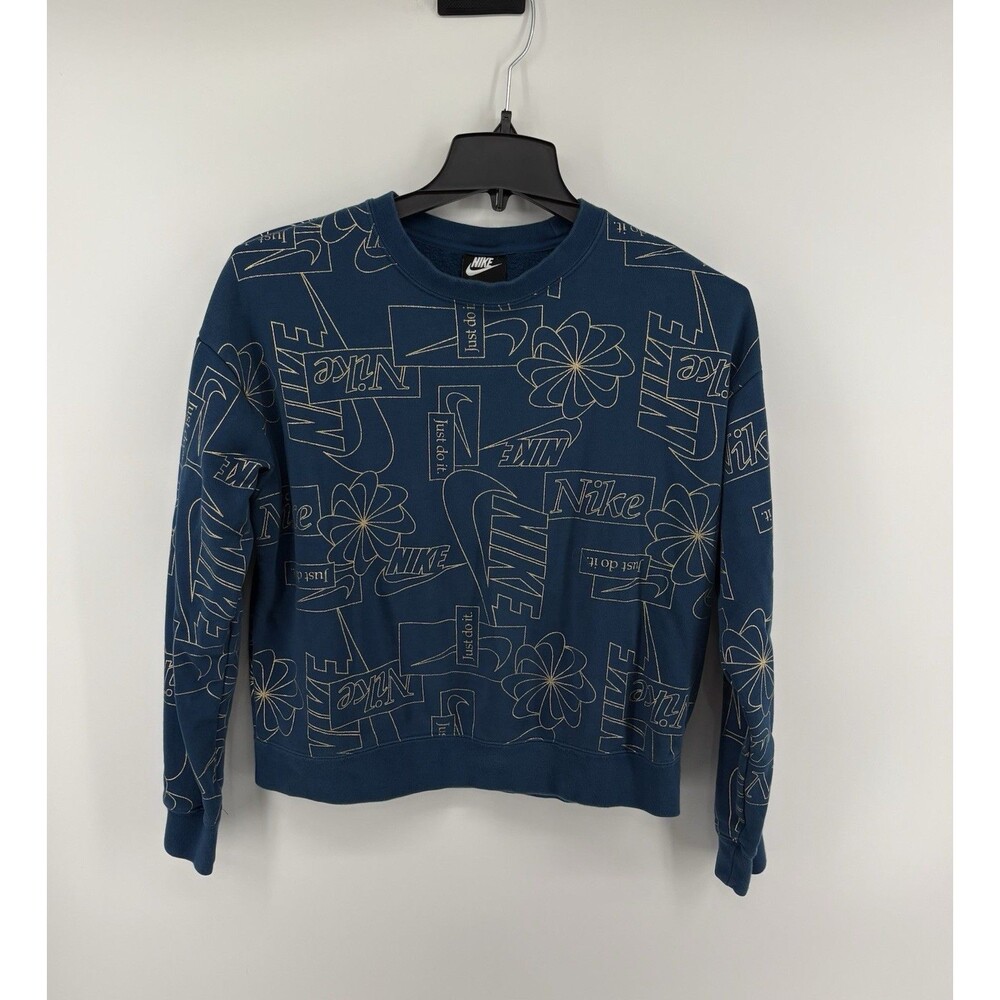 Nike Icon Clash Sweatshirt Womens Medium Blue Gold Allover Print Fleece Size M